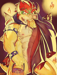 2014 anthro balls barely_visible_genitalia bowser candy captain_nikko convenient_censorship costume food hair halloween hi_res holidays koopa licking looking_at_viewer male male_only mario_(series) mostly_nude muscular nintendo nipples pecs penis red_hair scalie shell smile solo suggestive teasing tongue tongue_out vampire video_games wristband
