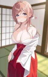!? ... 1girls absurdres blue_eyes blurry blurry_background blush breasts brown_hair cleavage collarbone embarrassed gakuen_idolmaster hakama hakama_skirt highres himesaki_rinami idolmaster indoors japanese_clothes kimono large_breasts looking_at_viewer loose_kimono miko red_hakama shouji sikimosh skirt sliding_doors solo tatami white_kimono