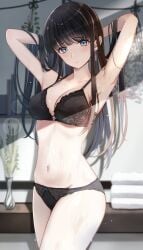 1girls absurdres adjusting_hair armpits arms_behind_head arms_up black_bra black_hair black_panties blue_eyes blunt_bangs blurry blurry_background bookshelf bra breasts cleavage closed_mouth commentary_request cowboy_shot earrings female highres hime_cut holding holding_own_hair indoors jewelry lingerie long_hair looking_at_viewer navel panties sikimosh solo straight_hair touma_kazusa towel underwear underwear_only vase wet white_album_(series) white_album_2