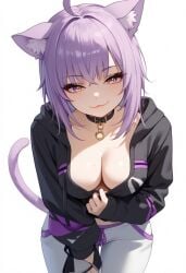 :3 ai_generated breasts catgirl cleavage female hexd hololive large_breasts nekomata_okayu pulling_down_shirt pulling_shirt purple_eyes purple_hair showing_cleavage showing_off