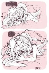 1boy 1boy1girl 1girls 2025 2d bedding blush blush_lines breasts cherri_bomb cherri_bomb_(hazbin_hotel) color comic cyclops dialogue embrace english english_dialogue english_text female freckles freckles_on_breasts freckles_on_face hat hazbin_hotel heart heart_symbol male nipples pillow sheets sir_pentious sir_pentious_(hazbin_hotel) snake text text_bubble tongue tongue_out twiggietime vivienne_medrano watermark wholesome