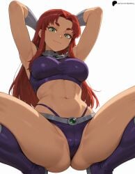 1girls ai_generated armpits arms_behind_head arms_up ass boots breasts crop_top dc_comics female from_below green_eyes hi_res high_quality high_resolution highres huge_breasts legs lips long_hair looking_at_viewer midriff navel nose opal_nemy panties patreon patreon_logo patreon_username plain_background purple_footwear red_hair self_upload shadow simple_background squatting starfire starfire_(teen_titans) teen_titans thick_eyebrows thick_thighs thighs thong watermark white_background