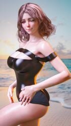 1girls 3d 3d_(artwork) 3d_model 3d_render amber_eyes beach beach_background black_swimsuit boob_window brown_hair cleavage elden_ring fit_female fromsoftware hephaestussd high_resolution highres hourglass_figure latex latex_swimsuit marking_below_eyes melina_(elden_ring) ocean ocean_background one_eye_closed pinup posing posing_for_the_viewer round_ass short_hair shoulder_length_hair swimsuit