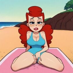 ai_generated blue_eyes cartoon_network female_masturbation fingering fingering_pussy fingering_self herfeffine_heferfefer looking_at_viewer one_piece_swimsuit pussy red_hair solo swimsuit swimsuit_aside the_grim_adventures_of_billy_and_mandy wet_pussy