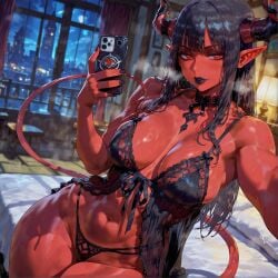 ai_art ai_generated bigbizarts black_hair black_thong curvaceous demon_girl demon_horns demon_tail lingerie long_hair original_character phone red_eyes seductive_eyes selfie thick_thighs thighs