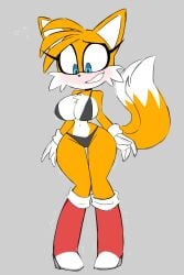 2_tails absurd_res anthro awkward_smile big_breasts bikini blush boots bouncing_breasts breasts canid canine cleavage clothed clothing embarrassed eyelashes female footwear fox gloves handwear hi_res huge_breasts mammal mtf_crossgender multi_tail nelljoestar raised_tail rule_63 sega shoes solo sonic_(series) sonic_the_hedgehog_(series) swimwear tail tails tails_the_fox tailsko two-piece_swimsuit wide_hips