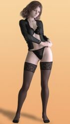 1girls 3d 3d_(artwork) 3d_model 3d_render amber_eyes black_bra black_lingerie black_panties brown_hair cleavage elden_ring fit_female fromsoftware hephaestussd high_resolution highres hourglass_figure jacket lace-trimmed_bra lingerie marking_below_eyes melina_(elden_ring) pinup posing short_hair shoulder_length_hair simple_background stockings thighhighs tugging underwear yellow_background