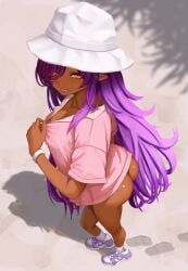 absurdres ass bottomless breasts bucket_hat collarbone dark-skinned_female dark_skin day fangs female footprints fox_(shunao) from_above hat highres long_hair looking_at_viewer nike_(company) original pink_shirt pointy_ears pulling_own_clothes purple_hair shadow shirt shoes sneakers socks solo standing very_long_hair white_hat white_socks yan_kodiac yellow_eyes