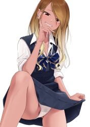 1girls ass_visible_through_thighs black_sweater_vest blonde_hair blue_bow blue_bowtie bow bowtie breasts brown_hair collared_shirt commentary_request crotch_seam diagonal-striped_bow diagonal-striped_bowtie diagonal-striped_clothes gradient_hair grin gyaru highres idolmaster idolmaster_shiny_colors izumi_mei long_hair looking_at_viewer multicolored_hair panties puriketsu_corgy school_uniform shirt short_sleeves simple_background smile solo standing striped_clothes summer_uniform sweater_vest thighs underwear white_background white_panties white_shirt