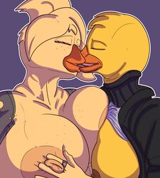 2017 anthro avian beak big_breasts bird breast_squish breasts closed_eyes clothing crisis-omega feathers female freckles hi_res huge_breasts kissing making_out muscle_bird nipple_pinch nipples pinch simple_background tc_(crisis-omega) tongue yellow_feathers yuri