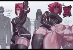 1futa blue_eyes bulge bulge_through_clothing clothed_futa clothing code_geass dialogue futa_focus futa_on_female futadom futanari kallen_stadtfeld large_breasts mawiedz nude_female rape red_hair shiny_skin stomach_bulge text thick_thighs thighhighs