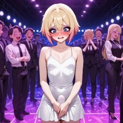 1boy ai_generated blonde_hair blue_eyes blush blush_lines boner boy covering covering_crotch crowd dress eyeliner eyeshadow femboy feminine_male feminization flat_chest humiliated humiliating humiliation humiliation_fetish nervous nightclub original original_character pink_highlights public qqcutie shame short_dress short_hair sissy tight_clothing tight_dress