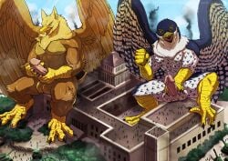 4_toes 5_fingers abs anthro avian balls beak biceps bird brown_body brown_fur building building_destruction carpo city city_background claws corvidius_(character) crush destruction detailed_background duo erection extreme_size_difference falcon falconid feathered_wings feathers feet finger_claws fingers fur genitals gryphon hair hi_res house macro macro_anthro macro_male male masturbation military muscular muscular_anthro muscular_male mythological_avian mythological_creature mythology nude open_mouth outside paws pecs penis plant rampage ranged_weapon size_difference sky smile soldier tail tank_(vehicle) tatugon toe_claws toes vehicle warrior weapon white_body wings