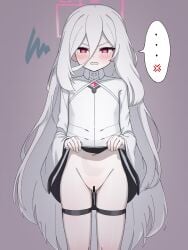 ... absurdly_long_hair absurdres anger_vein ass_visible_through_thighs bar_censor blue_archive blush censored clothes_lift commentary_request cowboy_shot dokoroten dress female flat_chest flustered grey_background hair_between_eyes halo highres kei_(blue_archive) kei_(new_body)_(blue_archive) lifting_own_clothes long_hair long_hair_between_eyes looking_at_viewer open_mouth pink_halo pussy railgun rectangular_halo ringed_eyes shirt_lift simple_background solo speech_bubble thigh_strap two-sided_dress two-sided_fabric very_long_hair white_dress white_hair