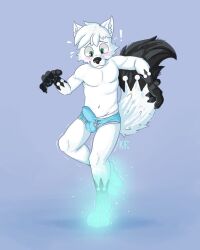 3_toes 5_fingers anthro black_eyebrows black_paws black_tail_tip blue_background blue_briefs blue_clothing blue_glow blue_underwear blush body_control briefs briefs_only bulge canid canine canis clothed clothing curse dancing detailed_bulge dipstick_tail emanata erection erection_under_clothing exclamation_point eyebrows feet fingers forced forced_dancing forced_erection forced_exposure fox fur genital_outline gloves_(marking) glowing glowing_paws green_eyes hair hi_res humiliation humiliation_fetish katxfish leg_markings looking_down magic male male_only mammal markings navel on_one_leg paws penis_outline raised_arms shaking signature simple_background socks_(marking) solo standing tail tail_markings tenting toes topless underwear underwear_only white_body white_fur white_hair white_tail