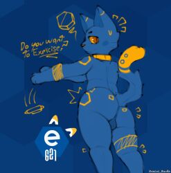 anthro ass balls blue_body blue_fur collar dialogue domestic_cat e621 felid feline felis fur genitals hexagon kreivi_ruche looking_at_viewer male mammal nude orange_eyes shaking_butt solo tail