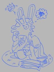 2026 annoyed anthro bent_arm bent_legs blue_and_grey blue_eyes blue_line_art bodily_fluids book carpet clothed clothed_anthro clothed_female clothing colored_line_art crossover crown crown_flying_off cum cum_on_face digital_drawing_(artwork) digital_media_(artwork) dildo dress ejaculation featureless_legs female female_anthro furrowed_brow genital_fluids grey_background grey_carpet grey_clothing grey_dress grey_hair grey_pawpads hair headgear hi_res lagomorph long_ears long_hair looking_at_viewer mammal mario_bros mario_plus_rabbids_sparks_of_hope mitten_hands monochrome motion_lines nintendo open_book pawpads rabbid rabbid_rosalina raised_leg ratsinablanket raving_rabbids rayman_(series) sex_toy simple_background sitting solo thought_bubble ubisoft