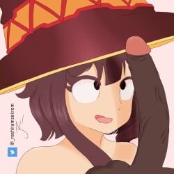 black_eyes brown_hair dark-skinned_male dark_skin hat imminent_fellatio interracial kono_subarashii_sekai_ni_shukufuku_wo! large_penis looking_at_penis mahonesa/zekorashe megumin penis self-upload short_hair witch witch_hat
