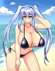 beach big_breasts bikini black_bikini blue_hair green_eyes ikameshi looking_at_viewer seaside sweat twintails