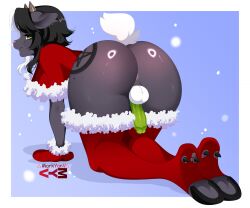 2025 all_fours anthro anus ass balls bangs big_butt black_hair blush body_blush bovid brown_horn butt_blush caprine christmas christmas_clothing clothing colored digital_drawing_(artwork) digital_media_(artwork) erection eyelashes femboy fur genitals glistening glistening_butt goat green_eyes green_penis grey_body grey_fur hair hi_res holidays hooves horn humanoid_genitalia humanoid_penis legwear looking_at_viewer looking_back looking_back_at_viewer male mammal markyanv_(artist) penis pink_nose presenting presenting_balls presenting_hindquarters presenting_penis rear_view red_clothing red_legwear red_stockings red_topwear shaded short_hair simple_background solo stockings tail topwear white_balls white_hair white_tail