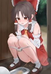 ascot bar_censor blush bow brown_eyes brown_hair brown_shoes censored commentary_request dakuazu detached_sleeves female frilled_bow frilled_hair_tubes frills hair_tubes hairbow hakurei_reimu highres long_hair mary_janes open_mouth paid_reward_available panties panty_pull pee_puddle pee_stain peeing pussy red_bow red_skirt ribbon-trimmed_sleeves ribbon_trim shoes skirt skirt_set socks solo squat_toilet squatting stained_panties toilet_use touhou underwear urine white_panties white_socks yellow_ascot