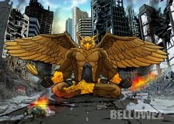 4_toes 5_fingers abs anthro avian beak bellowez biceps biped boxer_briefs briefs brown_body brown_fur building building_destruction bulge carpo city city_background city_crushing city_destruction cityscape claws clothed clothing destruction detailed_bulge erection erection_under_briefs erection_under_clothing feathered_wings feathers feet finger_claws fingerless_gloves fingers fire fur genital_outline genitals gloves gryphon hair handwear house humanoid_genitalia humanoid_penis landscape_dwarfing macro macro_anthro macro_male male muscular muscular_anthro muscular_male mythological_avian mythological_creature mythology outside paws pecs penile penis rampage sitting sky smile solo tail toe_claws toes topless underwear vehicle vehicle_destruction wings
