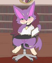 2017 anus blush clothed clothing collar digital_media_(artwork) feline female feral fur furry furry_only green_eyes half-closed_eyes looking_at_viewer mammal nintendo pokémon_(species) pokemon purple_fur purrloin pussy rolling_chair rymherdier smile solo tail topwear video_games