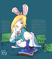 2026 anthro arm_support arms_bent bent_legs blonde_hair blue_carpet blue_clothing blue_dress blue_eyes book bookshelf carpet closed_frown clothed clothed_anthro clothed_female clothing colored crossover crown digital_drawing_(artwork) digital_media_(artwork) dildo dress featureless_legs female female_anthro fist frown fur furniture gem hair hair_over_eye half-closed_eyes headgear hi_res lagomorph leaning_on_elbow light lighting long_ears long_hair mammal mario_bros mario_plus_rabbids_sparks_of_hope mitten_hands motion_lines mouth_closed narrowed_eyes nintendo open_book pawpads rabbid rabbid_rosalina raised_leg ratsinablanket raving_rabbids rayman_(series) rubbing ruby_(gem) sex_toy shaded signature simple_background sitting solo tan_body tan_eyelids tan_inner_ear tan_pawpads tan_skin ubisoft white_body white_fur