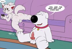 after_sex alternate_version_available animal_genitalia animal_penis anthro anus ass backsack balls brian_griffin canine canine_penis cellphone collar cum cum_drip cum_from_ass cum_on_balls cum_on_face cum_on_penis cum_stains dialogue dripping duo english_text erection eroborus family_guy flat_colors fox kitsune_(ero) knot looking_back lying male mammal messy nude on_front open_mouth penis phone sheath sitting sofa speech_bubble spread_legs spreading text unimpressed white_balls yaoi