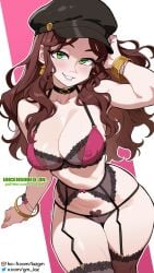 1girls adjusting_hair arm_up armpits bare_arms black_bra black_choker black_garter_belt black_hat black_panties bra bracelet breasts brown_hair cameltoe camisole choker cleavage collarbone commentary covered_erect_nipples covered_navel dorothea_arnault earrings english_commentary female female_pubic_hair fire_emblem fire_emblem:_three_houses garter_belt gold_bracelet gold_earrings green_eyes grin hat heart-shaped_pubic_hair highres jewelry laz_gm long_hair nail_polish nintendo panties pink_bra pink_nails pubic_hair pubic_hair_peek revealing_clothes see-through_bra see-through_clothes see-through_panties shaped_pubic_hair smile solo stomach thick_thighs thighhighs thighs underwear very_long_hair