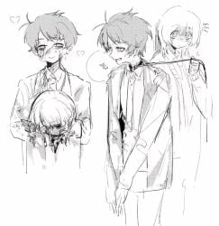2boys akinashi_haru animal_collar blood blood_on_face cardigan collar collared_shirt commentary_request decapitation dress_shirt formal_clothes greyscale guro heart holding holding_leash jacket lapels leash leash_pull male monochrome multiple_boys multiple_views necktie pants saihate_eki shirt short_hair smile suit suit_jacket tatsunami_shion xiaoquanjiuhe yandere
