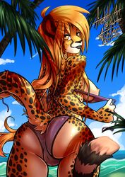 ahoge anthro anus ass bikini breasts breasts_out cheetah feline female firekitty furry long_hair looking_at_viewer looking_back mihari nipples ocean original outdoors pussy see-through sideboob solo spots swimsuit tail water yellow_eyes