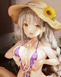 ai_assisted ai_generated bare_shoulders blush braid breast_grab breasts breasts_squeezed_together collarbone cum cum_between_breasts cum_drip cum_on_body cum_on_breasts cum_on_face cum_overflow dark-skinned_male ejaculation ejaculation_between_breasts erotic_swimwear female_focus flower grabbing_own_breasts hair_ribbon hat highres indoors interracial large_breasts long_hair looking_at_viewer paizuri penis pov purple_slingshot_swimsuit slingshot_bikini sweat third-party_edit weri white_hair yellow_eyes