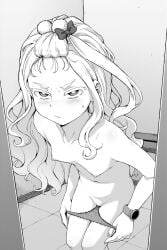 blush borrowed_character bow breasts closed_mouth collarbone commentary commission doorway english_commentary female female_pubic_hair forehead frown geewhy greyscale hairbow highres indoors leaning_forward long_hair looking_at_viewer monochrome navel nipples original panties panty_pull pixiv_commission pubic_hair pussy small_breasts solo standing sweatdrop topless_female uncensored underwear undressing watch