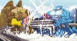 5_fingers abs anthro avian balls beak biceps big_muscles big_penis biped blue_body bodily_fluids brown_body brown_fur building building_destruction building_penetrated building_sex carpo city city_background city_destruction cityscape claws crimsonrabbit crush cum cum_flooding cumshot destruction duo ejaculation erection excessive_cum excessive_genital_fluids feathered_wings feathers finger_claws fingers fish fur genital_fluids genitals gryphon hi_res house humanoid_genitalia humanoid_penis hyper hyper_cum landscape_dwarfing macro macro_anthro macro_male male marine masturbation muscular muscular_anthro muscular_male mythological_avian mythological_creature mythology nude open_mouth outside pecs penetration penile penis public_transportation railway_track rapid_transit scar shark sky smile station tail train vehicle vehicle_destruction vein veiny_penis wings