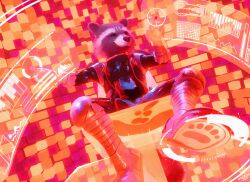 anthro boots brown_body brown_fur bulge clothed clothing detailed_bulge digital_media_(artwork) electronics erection erection_under_clothing footwear fur genital_outline genitals gloves guardians_of_the_galaxy handwear hi_res latex latex_clothing latex_skinsuit male mammal marvel penis penis_outline procyonid raccoon rocket_raccoon shoes sidekick skinsuit smile solo spread_legs spreading tight_clothing