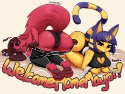 2026 4_toes 5_fingers absurd_res animal_crossing ankha_(animal_crossing) anthro artist_name ass barefoot big_breasts big_butt big_tail biped black_bottomwear black_clothing black_eyebrows black_nose black_panties black_pants black_shirt black_topwear black_underwear blonde_hair blue_eyes blue_hair blue_tail bob_cut bottomwear bottomwear_down breasts brown_ears camel_toe canid canine canis carbonfloof cherry_(animal_crossing) cleavage_cutout clothed clothed_anthro clothed_female clothing cutout digital_media_(artwork) domestic_cat domestic_dog duo ear_piercing ear_ring english_text eyebrows eyelashes feet felid feline felis female female_anthro fingers floppy_ears fluffy fluffy_tail fur furgonomics glistening glistening_butt glistening_eyes gloves_(marking) hair hi_res looking_at_viewer looking_back looking_back_at_viewer lying mammal markings mouth_closed multicolored_hair multicolored_tail nintendo on_front open_mouth panties pants pants_down partially_clothed partially_clothed_anthro partially_clothed_female pawpads piercing pointy_ears presenting presenting_hindquarters purple_nose raised_tail red_body red_fur red_pawpads red_tail ring_piercing shirt striped_markings striped_tail stripes tail tail_markings teeth text toes tongue tongue_out topwear underwear uraeus yellow_body yellow_fur yellow_inner_ear yellow_tail