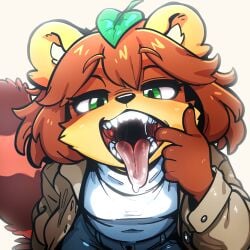 anthro bodily_fluids canid canine darling_devil drooling femboy finger_in_mouth green_eyes hi_res male mammal metaruso mouth_shot nuki_the_tanuki open_mouth raccoon_dog saliva tanuki teeth tongue tongue_out