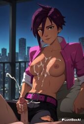 1boy 1boy1girl 1girls abs ai_generated belt belt_buckle black_pants breasts brown_eyes cityscape clothed_female_nude_male collarbone cropped_jacket cum cum_on_body cum_on_breasts cum_on_stomach dark-skinned_female dark_skin dispatch_(game) ejaculation erection female hair_between_eyes handjob hi_res invisigal jacket lips looking_at_viewer lustboxai medium_breasts navel navel_piercing night nipple_bar nipple_piercing nipples no_bra nose_piercing nude open_clothes open_jacket pants penis piercing pink_jacket purple_hair short_hair sitting smile solo_focus straight tomboy toned torn_clothes torn_pants uncensored window