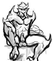 3_fingers 3_toes alien alien_humanoid arm_spikes arm_tattoo balls claws digital_media_(artwork) disgustiphage elbow_spikes erection facial_piercing feet fingers forked_tongue genital_piercing genitals homestuck humanoid knee_spikes leg_spikes leprechaun_(homestuck) lip_piercing male monochrome ms_paint_adventures muscular muscular_male penis penis_piercing piercing quarters_(homestuck) shoulder_spikes simple_background smile smirk solo solo_focus spikes spikes_(anatomy) tail tattoo toe_claws toes tongue