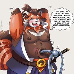 2025 absurd_res ailurid anthro armband armpit_showing arms_tied asian_clothing belly belly_rub belt big_belly big_navel black_eyes black_heart_symbol blue_cloth blue_clothing blue_clothing_white_clothing blue_eyes bodily_fluids bound brown_belly brown_belt brown_body brown_chest brown_ears brown_fur brown_hair brown_moobs brown_navel brown_nipples brown_ponytail brown_tail clothing continuation custodian_(aeon_flux) deep_navel dialogue dialogue_box dreamworks east_asian_clothing english_description english_text eyebrows fur giant_tail gold_(metal) gold_belt gold_jewelry grin hair half-length_portrait head_on_belly head_on_navel hi_res humanoid japanese_clothing jewelry ladykraken looking_pleasured machine machine_inside_navel machine_penetrating machine_sex male male_only mammal melee_weapon mind_break mind_control mind_controlled moan navel navel_fetish navel_pendant navel_penetration navel_piercing navel_poke navel_possession navel_seal nipples orange_arms orange_body orange_fur orange_hair orange_head orange_tail penetration piercing pleasure_effects ponytail portrait possession red_panda restricted robot robot_humanoid saliva samurai samurai_sword satisfaction satisfied satisfied_look smile solo solo_male speech_bubble story story_in_description storytelling surprised suruga_(tamacolle) sword sword_on_waist tail tamacolle teeth teeth_showing text the_wild_robot tied_hair to_be_continued tongue tongue_out touching_nipple vontra_(the_wild_robot) waist_accessory waist_belt warrior weapon white_cheeks white_chest_hair white_clothing white_ears white_eyebrows white_eyes white_hair