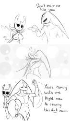1boy 1dickgirl 2_horns 5_fingers arms_around_neck arthropod ass balls belly biped black_text breasts closed_eyes clothing cock-tail dialogue dickgirl duo english_text eyelashes fingers forehead_gem futa_sans_pussy futanari gem genitals gesture glans gynomorph half-closed_eyes hand_gesture harrold_(latiar) hi_res holding_another hollow_knight_(franchise) horn hug hugging_another humanoid_genitalia humanoid_penis intersex intersex/male kissing latiar looking_back male monochrome motion_lines narrowed_eyes nipples no_mouth penis pointing pointing_at_another scarlet_lady_(peacefultreasu1) standing talking_to_another team_cherry text vessel_(species) walking wings