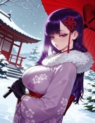 1girls ai_generated architecture balecxi bangs bare_tree black_gloves blunt_bangs blush breasts breath chained_soldier clothing curvaceous curvaceous_female curvaceous_figure curvy curvy_figure east_asian_architecture eyeliner eyeshadow female female_focus floral_print flower from_side fur-trimmed_kimono fur_collar fur_trim gloves hair_flower hair_ornament half-closed_eyes holding holding_umbrella japanese_clothes kimono large_breasts lips long_hair long_sleeves looking_at_viewer makeup mato_seihei_no_slave mole mole_under_eye obi oil-paper_umbrella outdoors print_kimono puckered_lips purple_eyes purple_hair purple_kimono pursed_lips red_umbrella robe sash snow snowing solo stairs torii traditional_clothes tree umbrella uncensored upper_body voluptuous voluptuous_female wafuku wide_sleeves winter yamashiro_ren