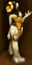 anthro black_hair bovid breasts caprine clothed clothing curved_horn digital_media_(artwork) digital_painting_(artwork) dress female fur gold_(metal) golden_clothing hair hair_over_eyes hi_res horn just_dryvern looking_up mammal meme meme_clothing nipple_piercing nipples painting_(artwork) partially_clothed piercing semi-transparent_clothing sheep solo white_body white_fur white_wool wool_(fur)