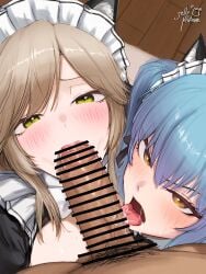 1boy 2girls absurd_res ade_(nikke) aqua_hair artist_name black_shirt blush brown_hair cat_ears censor_bar censored clothed_female_nude_male cooperative_fellatio dark-skinned_male dark_skin fake_animal_ears fellatio ffm_threesome frills goddess_of_victory:_nikke green_eyes jelly_platinum light-skinned_female light_skin long_hair looking_at_viewer maid maid_headdress multiple_girls open_clothes open_mouth orange_eyes penis privaty_(nikke) privaty_(unkind_maid)_(nikke) pubic_hair saliva sidelocks tongue tongue_out twintails veiny_penis watermark