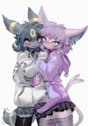 black_skin black_skirt cat_ears cat_humanoid cat_tail choker earrings eeveelution espeon gray_hoodie hoodie pokemon pokemon_(species) purple_eyes purple_hoodie purple_skin red_eyes umbreon white_background