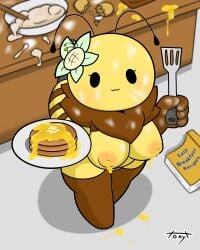 2023 4_fingers :3 absurd_res antennae_(anatomy) anthro areola arthropod arthropod_abdomen artist_name bald barely_visible_genitalia barely_visible_vulva bee bee_(tonytoran) big_breasts blush bodily_fluids book book_on_ground breasts bumble_bee_(species) butter chibi colored dairy_products digital_drawing_(artwork) digital_media_(artwork) dot_eyes dough dripping_honey egg elbow_glove_marking english_text eyelashes female female_anthro fingers flour flour_on_breasts flour_on_face flour_on_hand flour_on_neck_tuft flower_accessory flower_on_head food full-length_portrait genitals giving_food hi_res high-angle_view holding_food holding_object holding_spatula holding_tool honey_(food) hymenopteran insects inverted_nipples kitchen kitchen_counter lactating lactating_honey looking_at_viewer mature_anthro mature_female mob_face neck_tuft nipples nub_feet nude nude_anthro nude_female pancake portrait pose round_head shaded shortstack signature simple_eyes slightly_chubby solo spatula text thick_thighs thigh_high_marking tonytoran tools tuft unusual_bodily_fluids unusual_lactation vulva