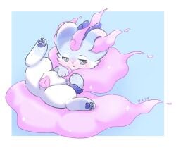 animal_genitalia animal_vulva blue_pawpads bodily_fluids canine_genitalia canine_vulva fabulous_beasts female fenz_(studio) feral fluffy genital_fluids genitals half-closed_eyes hi_res horn narrowed_eyes open_mouth pawpads purple_vulva solo spread_legs spreading suanni_(fabulous_beasts) vaginal_fluids vulva xiaoyee_moon