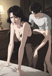 1boy 1girls ai_generated ass bending_forward big_ass breasts dress large_ass larger_female leaning_forward lust_(fullmetal_alchemist) older_female partially_clothed sex sex_from_behind smaller_male younger_male