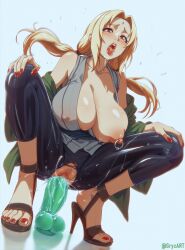 absurdres blonde_hair breasts censored collarbone commentary_request dildo dildo_riding facial_mark female female_masturbation forehead_mark green_haori grey_kimono gryx_art haori happi high_heels highres huge_breasts japanese_clothes kimono masturbation mature_female mosaic_censoring naruto_(series) nipple_piercing nipples object_insertion open_mouth piercing pussy sex_toy sidelocks solo squatting tongue tongue_out tsunade tsunade_(naruto) vaginal_object_insertion vaginal_penetration